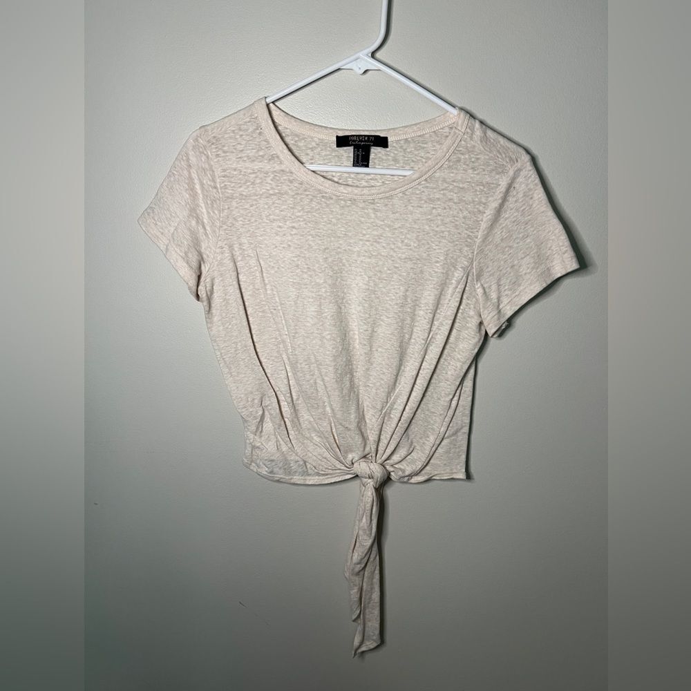 Forever 21 size M shirt womens cream color short sleeve tie front classic basic
